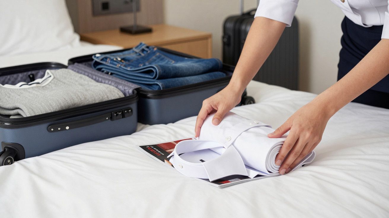 Pessoa a colocar uma camisa dobrada numa cama ao lado de uma mala aberta com roupas.