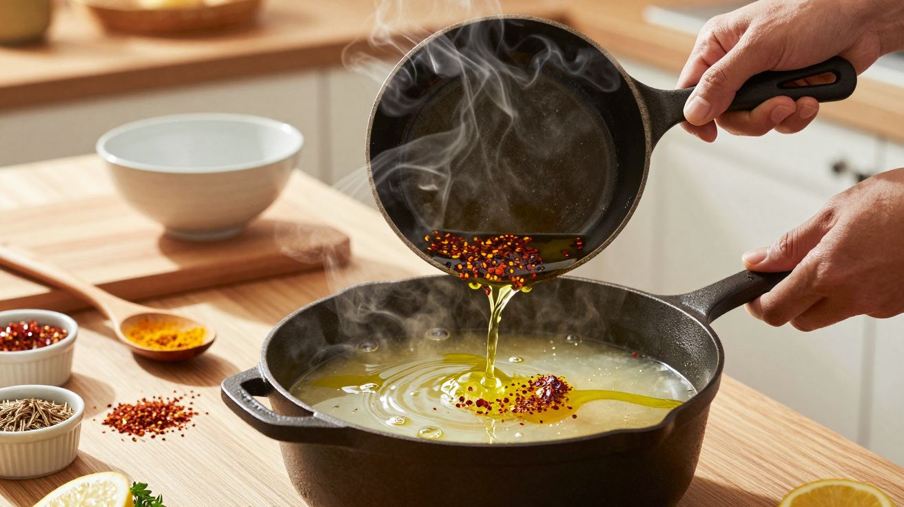 Derrame de azeite quente e malaguetas em panela de ferro fundido com atividade ao fundo na cozinha.