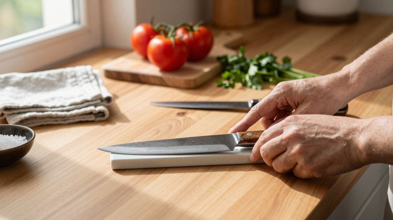 Mãos a afiar faca numa bancada de madeira com tomates e ervas ao fundo.