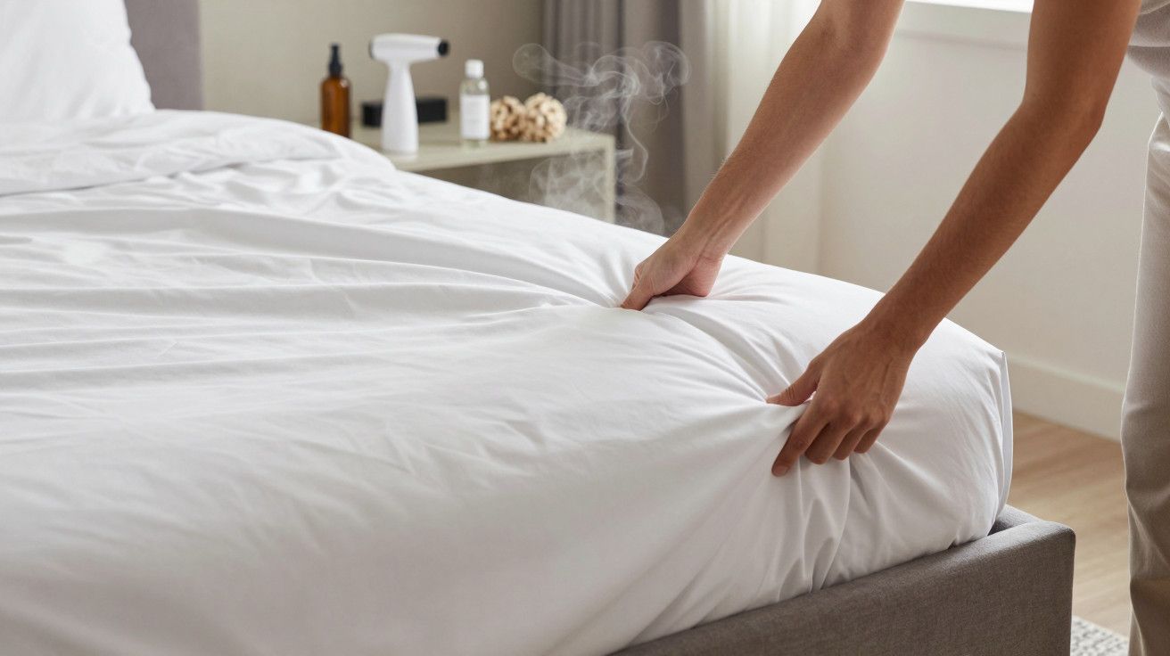 Pessoa a alisar lençol branco em cama, com vapor ao fundo e frascos de produtos na mesinha ao lado.