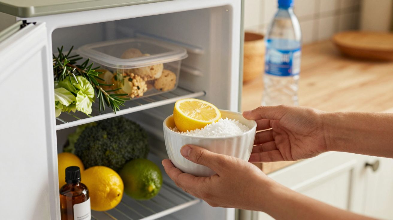 Mãos a colocar tigela com limão e sal num frigorífico, ao lado de brócolos e limas.