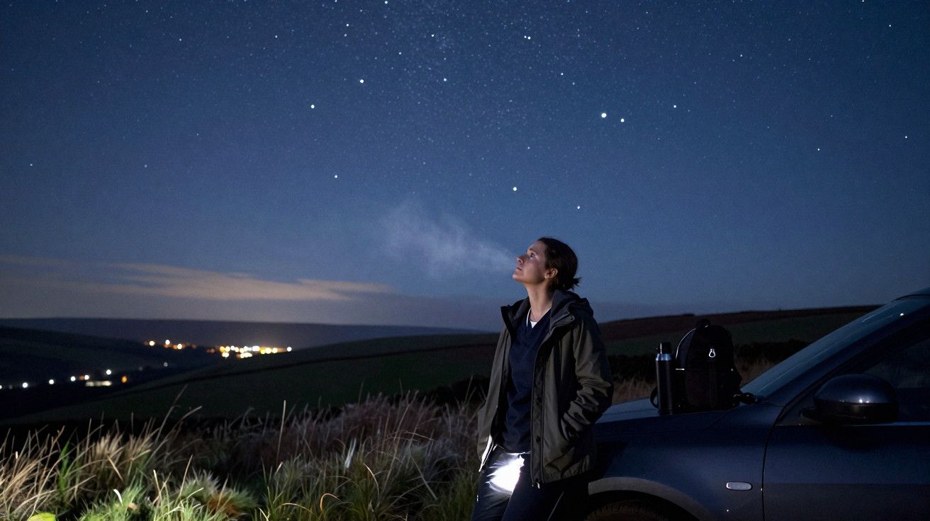 Pessoa encostada a um carro a observar o céu estrelado numa noite em campo aberto, com luzes distantes ao fundo.