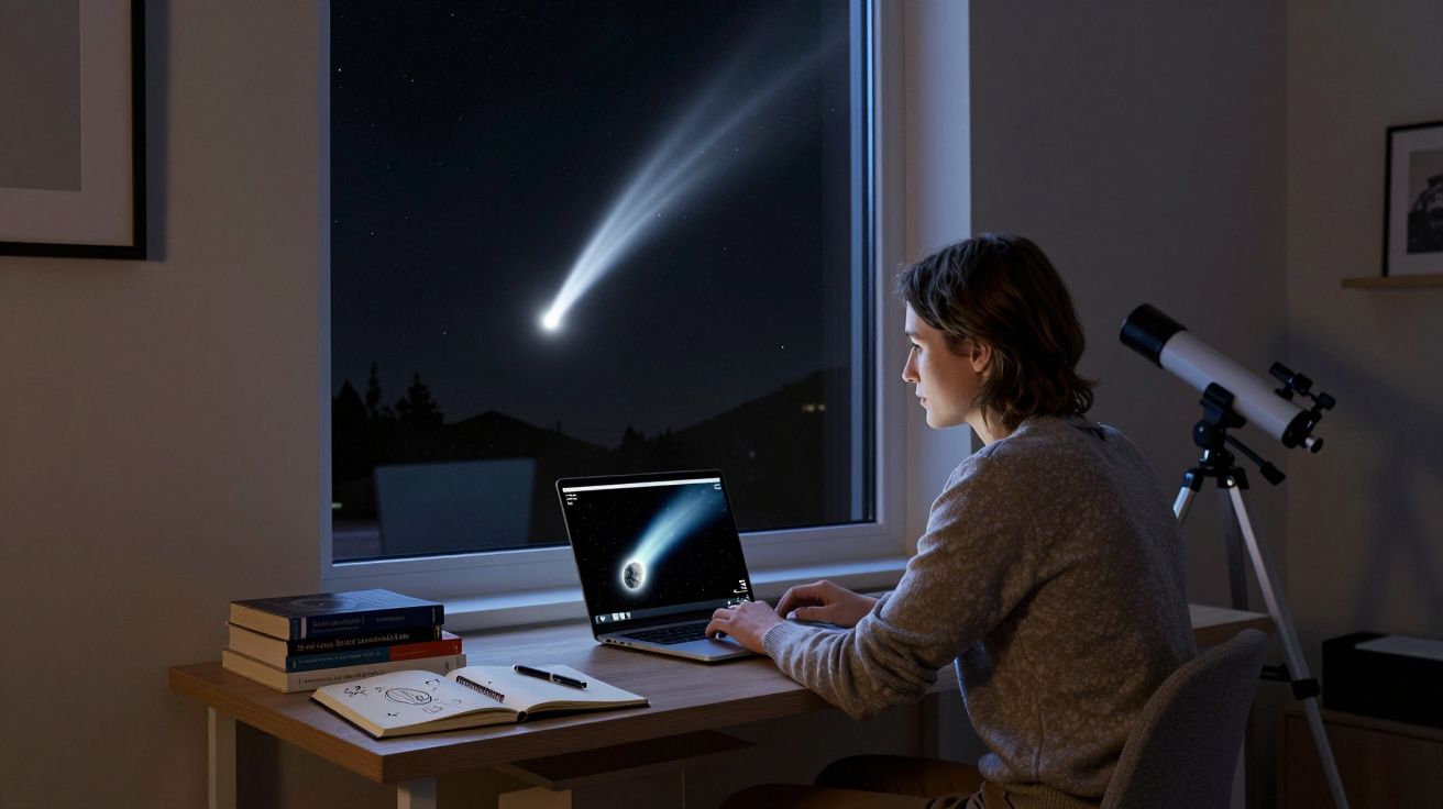 Pessoa a trabalhar num portátil numa mesa, olhando para um cometa visível à noite pela janela, com um telescópio ao lado.
