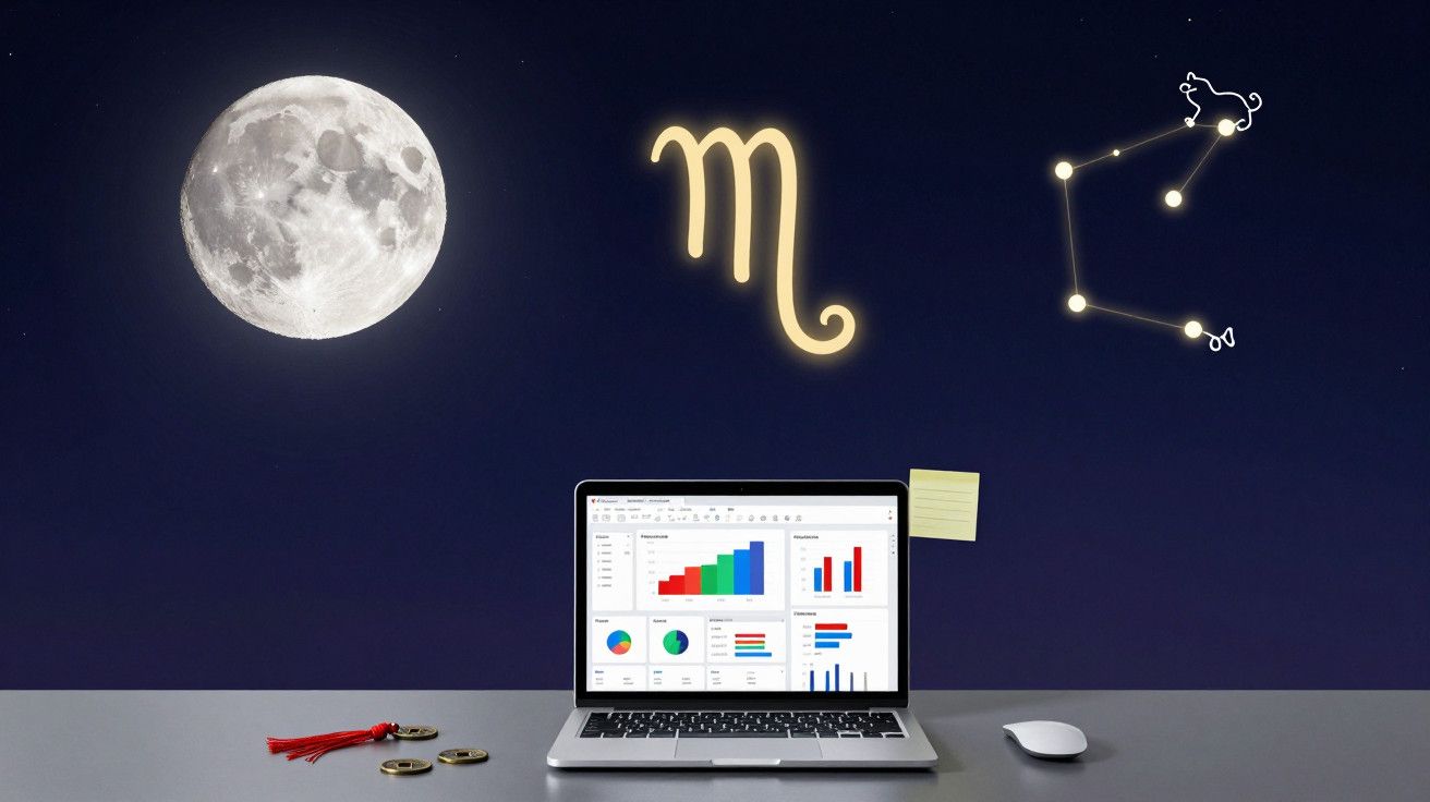 Computador portátil com gráficos, lua cheia, símbolo de Escorpião e constelação no céu noturno.