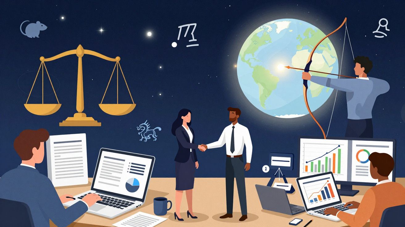 Ilustração de pessoas a trabalhar em equipa com computadores, gráficos e símbolos enquanto a Terra aparece ao fundo.