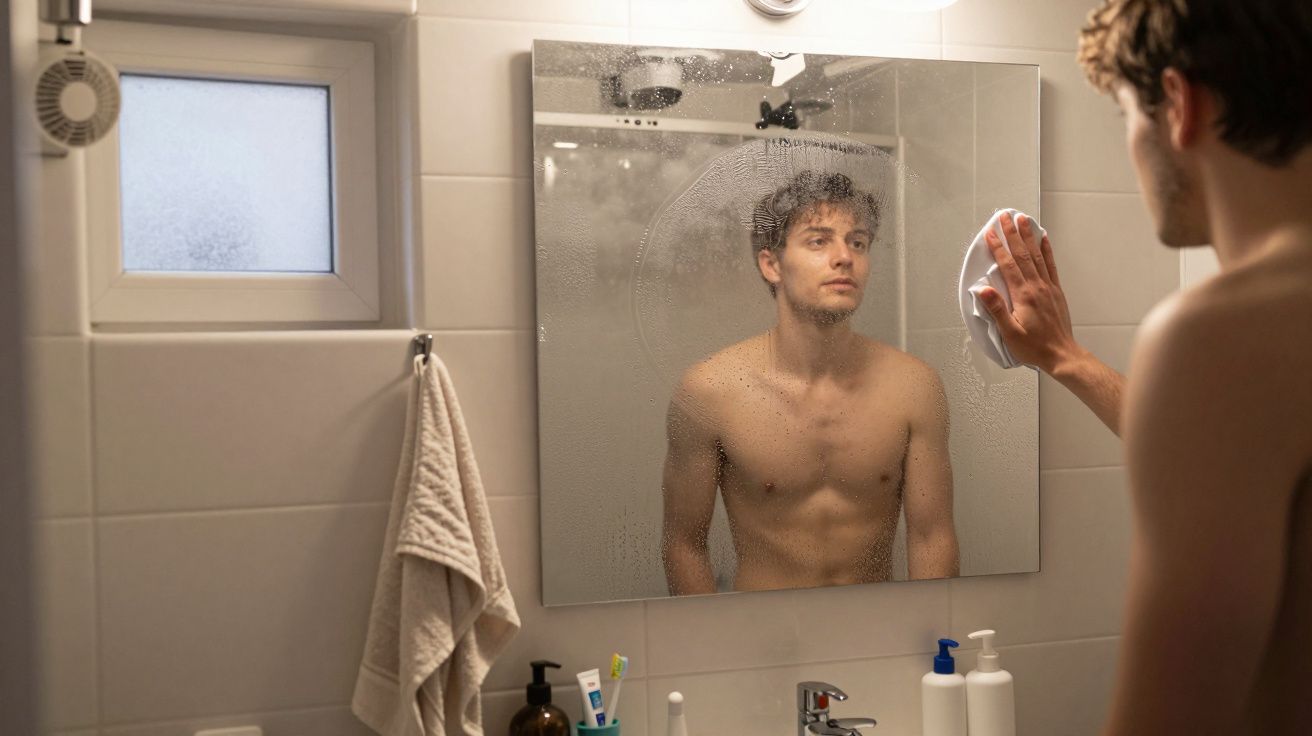 Homem sem camisa limpa espelho embaciado numa casa de banho moderna, produtos de higiene na bancada.