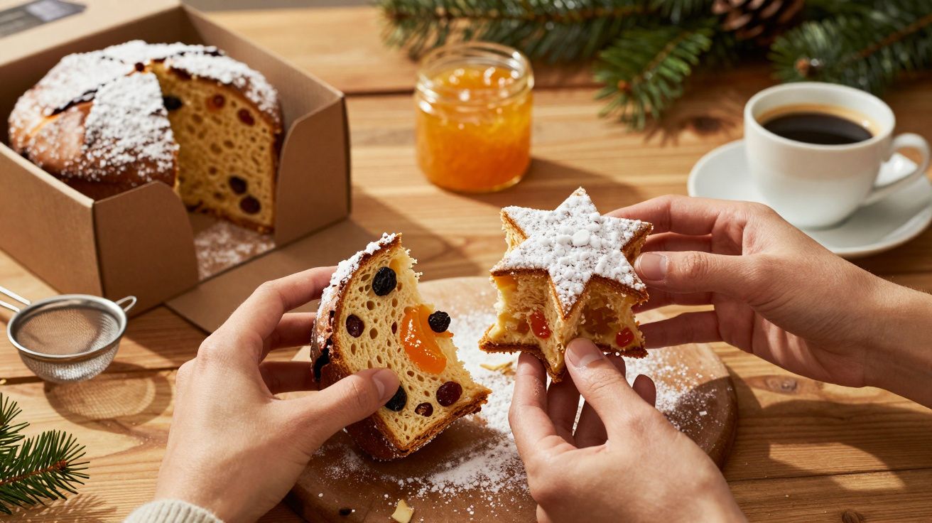 Mãos seguram fatias de panetone e bolo estrela com açúcar em pó, junto a chávena de café e doce de laranja.