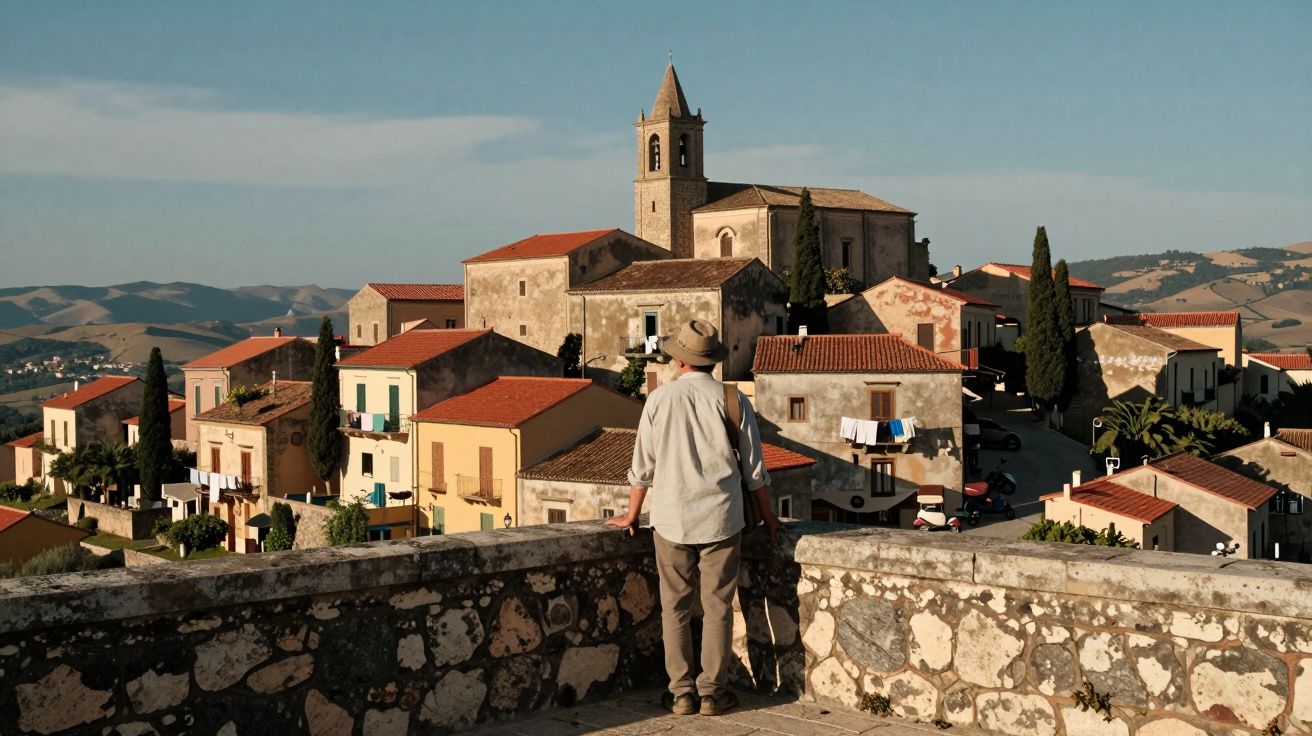 Pessoa observa vila pitoresca com casas coloridas e igreja ao fundo sob céu azul claro.