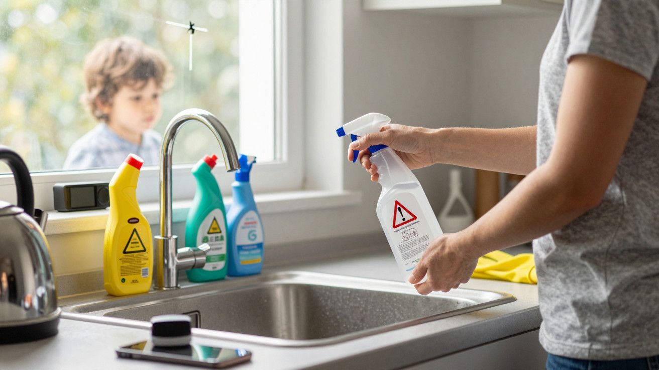Pessoa a segurar um spray de limpeza na cozinha, com produtos de limpeza ao fundo e uma criança a olhar pela janela.