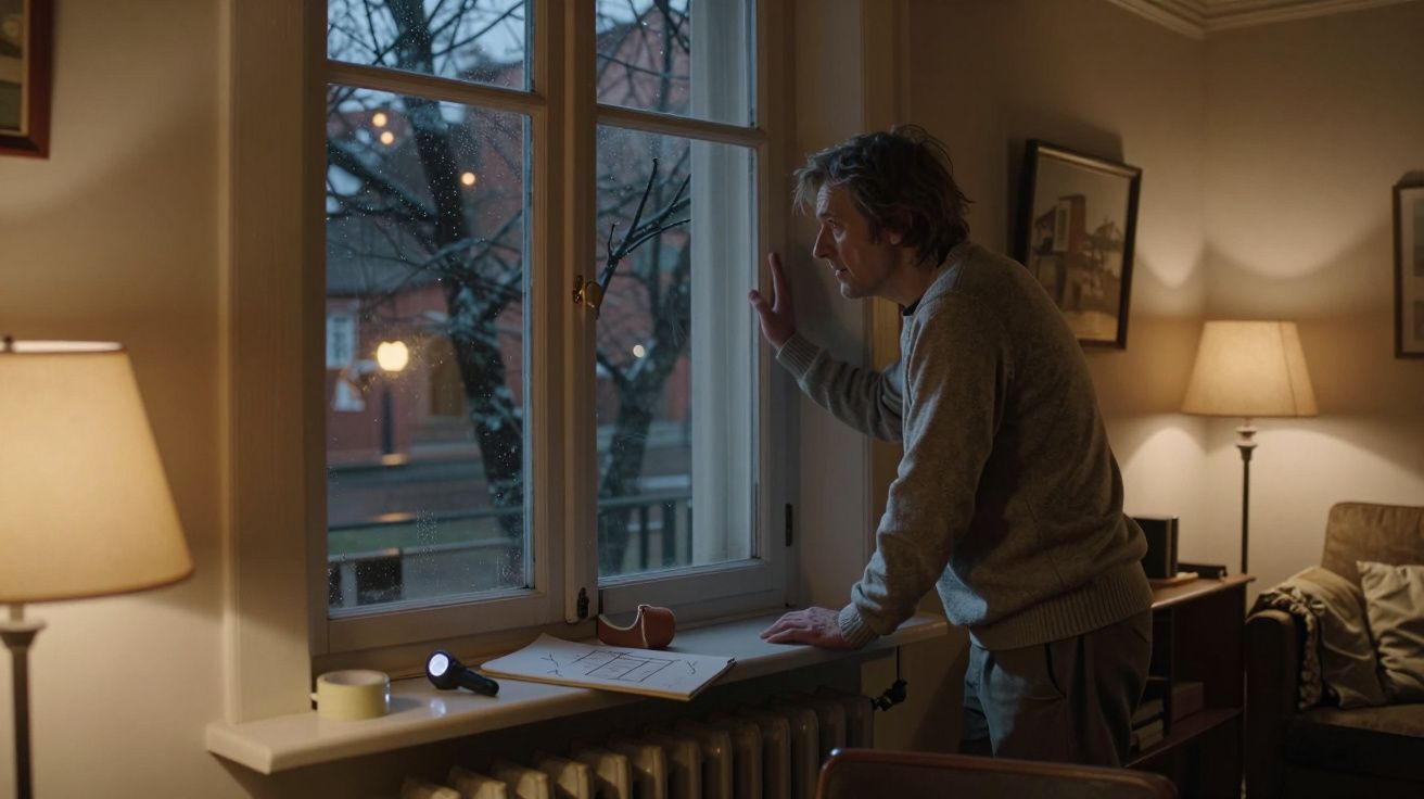 Homem olha pela janela numa sala iluminada, com documentos e lanterna sobre a mesa. Está escuro e chuvoso lá fora.