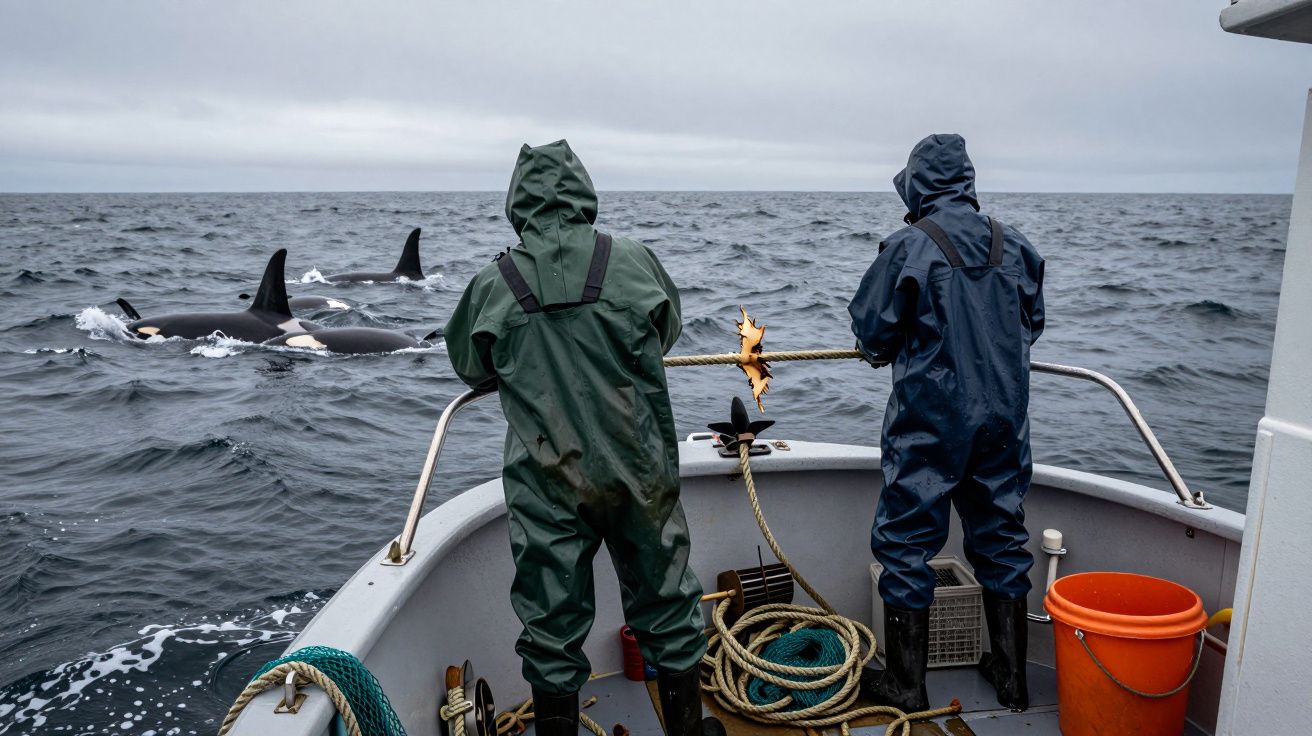 Duas pessoas em fato impermeável observam orcas a partir de um barco no mar cinzento.