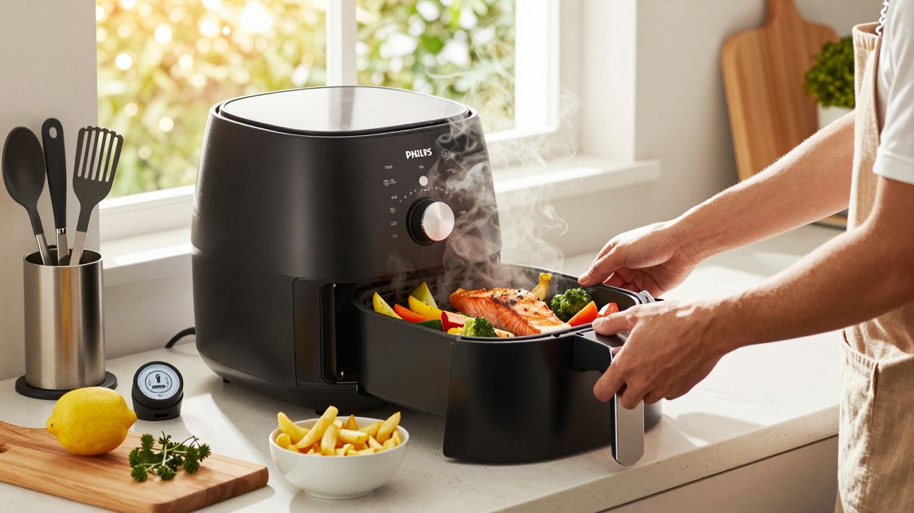 Pessoa a usar uma fritadeira sem óleo na cozinha, cozinhando salmão e legumes. Ao lado, batatas fritas e um limão.