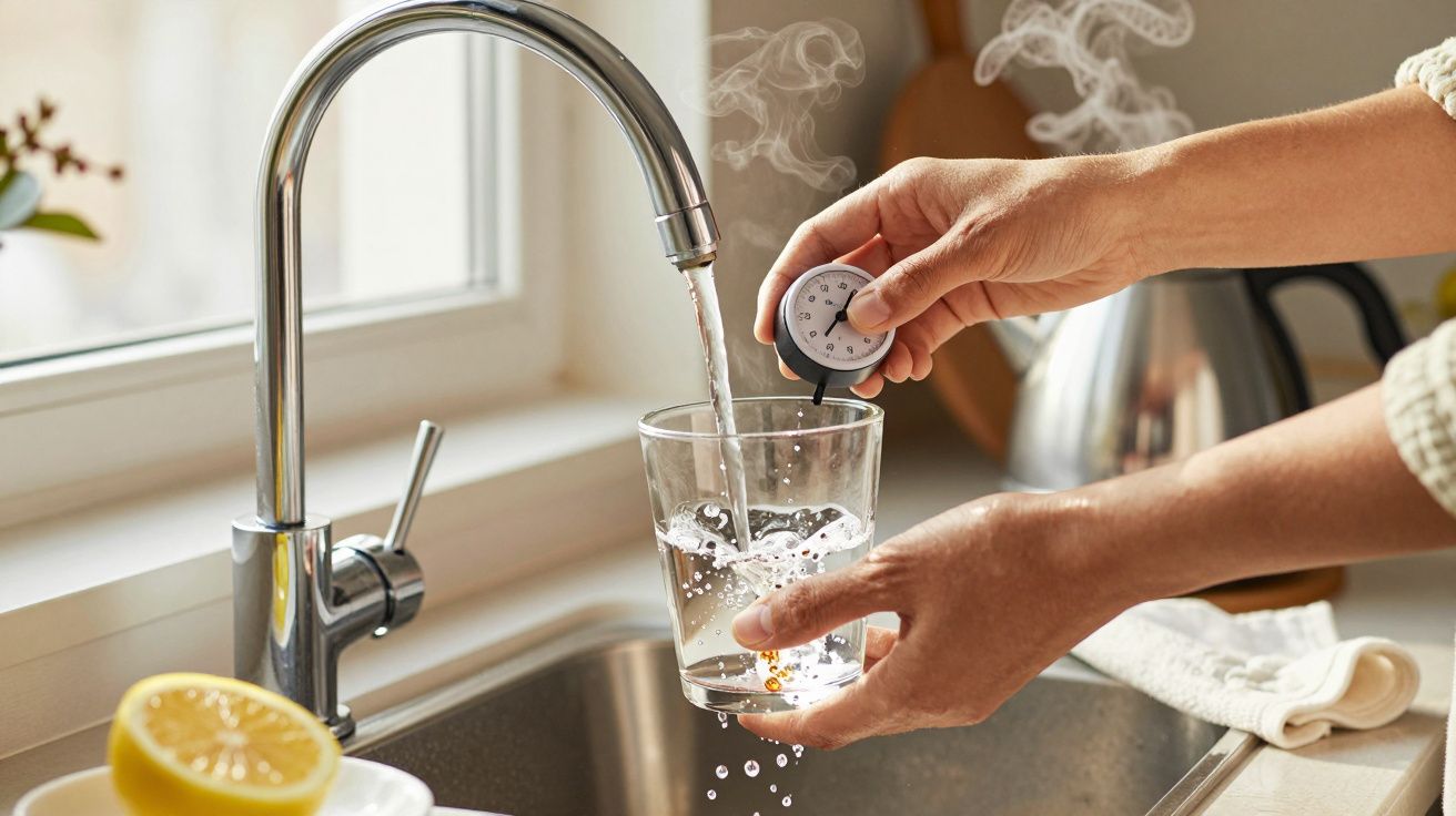 Mãos seguram copo sob torneira aberta com vapor, medindo temperatura da água. Lemão cortado ao lado.