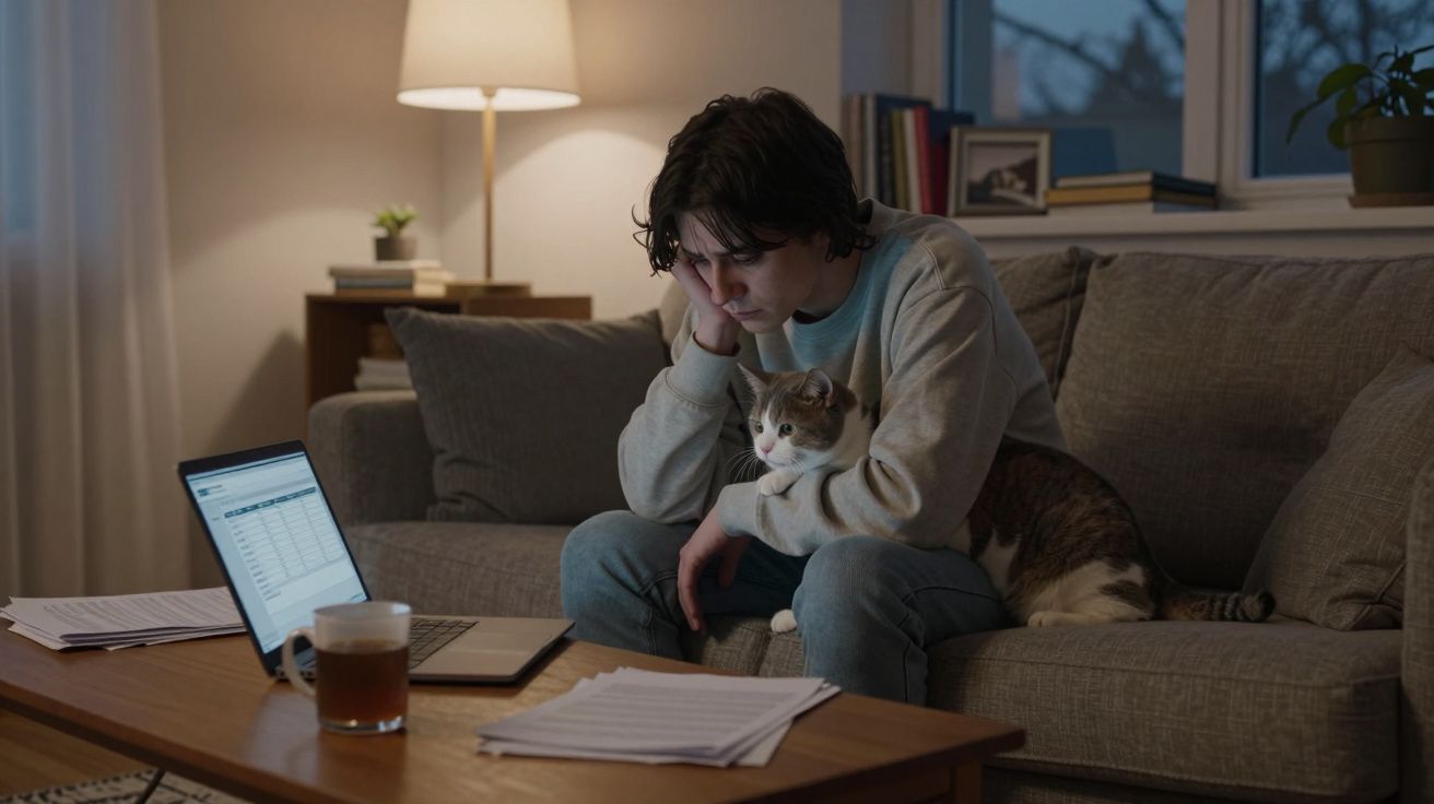 Jovem sentado no sofá com um gato, olhando para o portátil com papéis e um copo de bebida sobre a mesa.