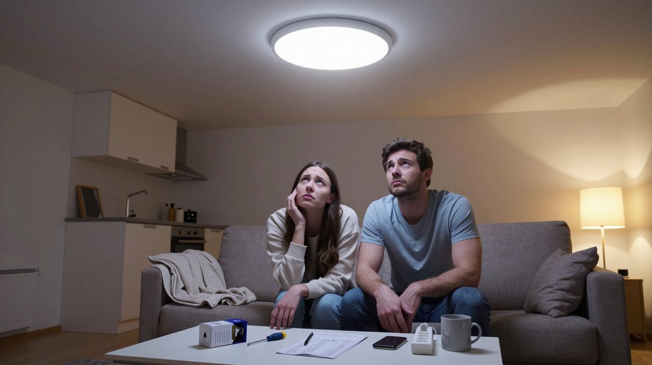 Casal sentado no sofá a olhar para uma lâmpada de teto acesa, com uma mesa em frente.