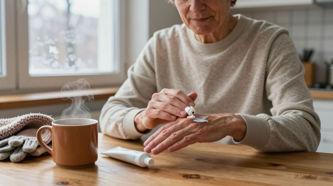 Pessoa idosa aplica creme nas mãos numa cozinha, com uma chávena de chá quente e luvas em cima da mesa.