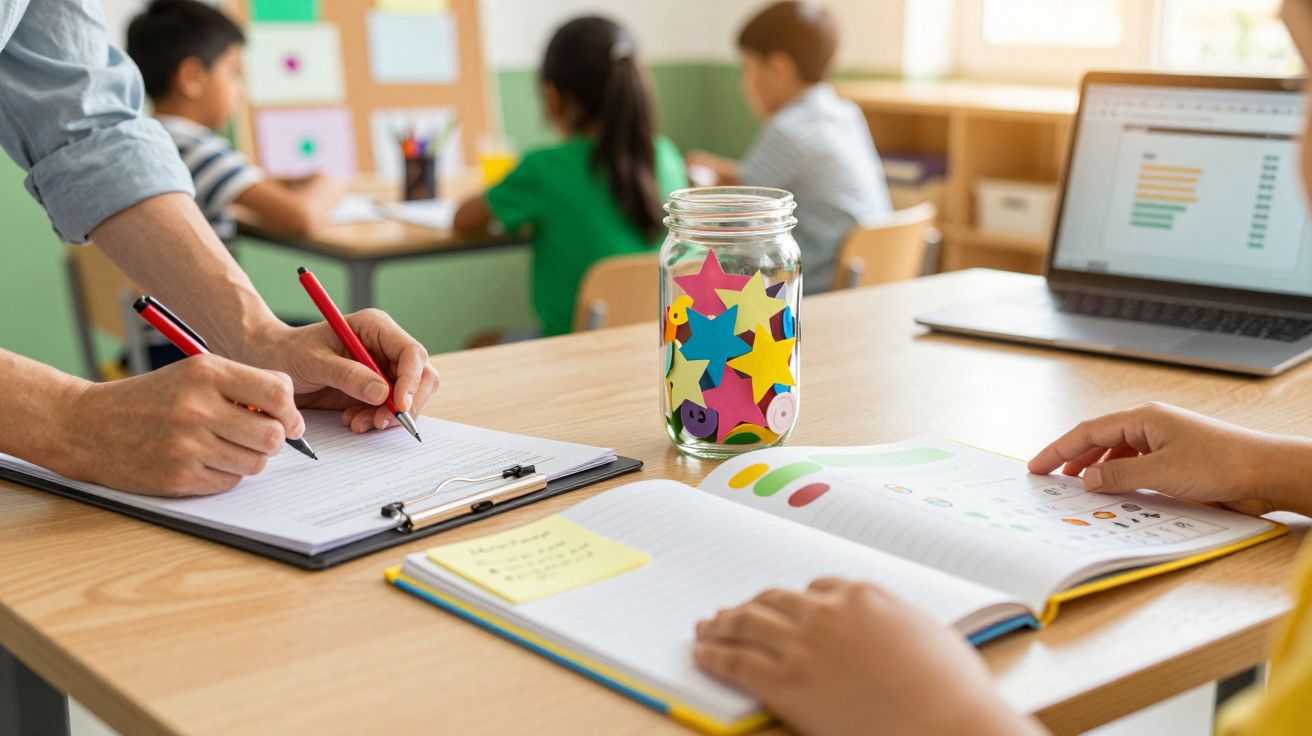 Mesa de sala de aula com cadernos, lápis, frasco com estrelas coloridas e um portátil ao fundo. Crianças desfocadas ao fundo.