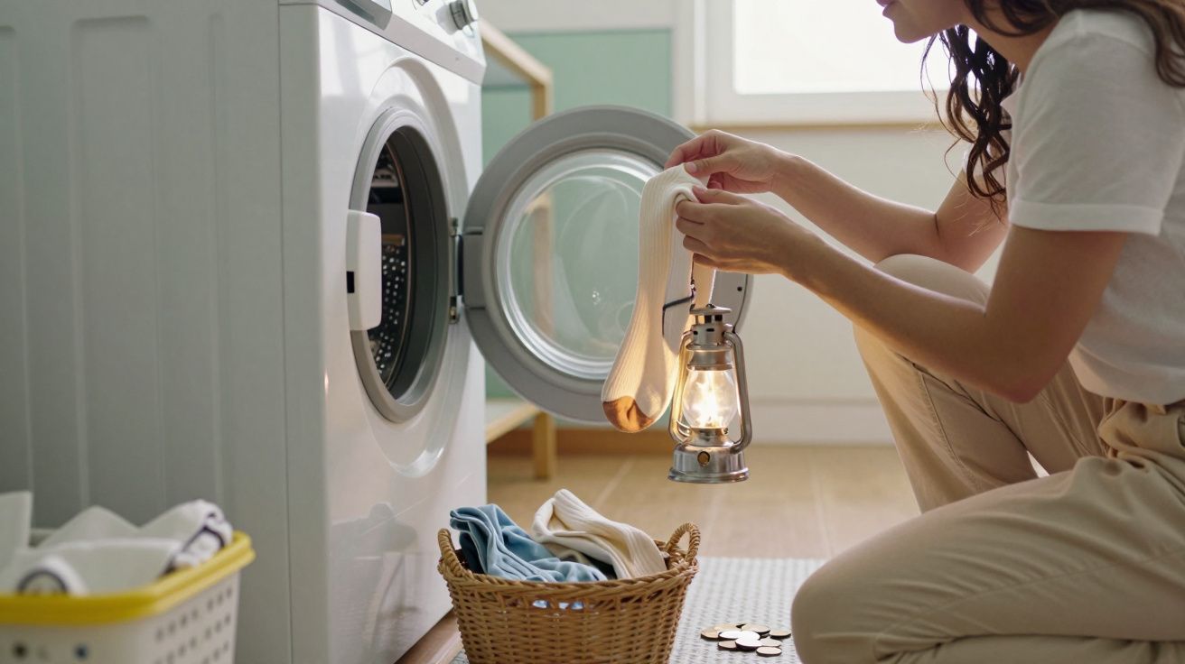 Mulher ajoelhada com uma lanterna de óleo, observando roupa numa máquina de lavar aberta.
