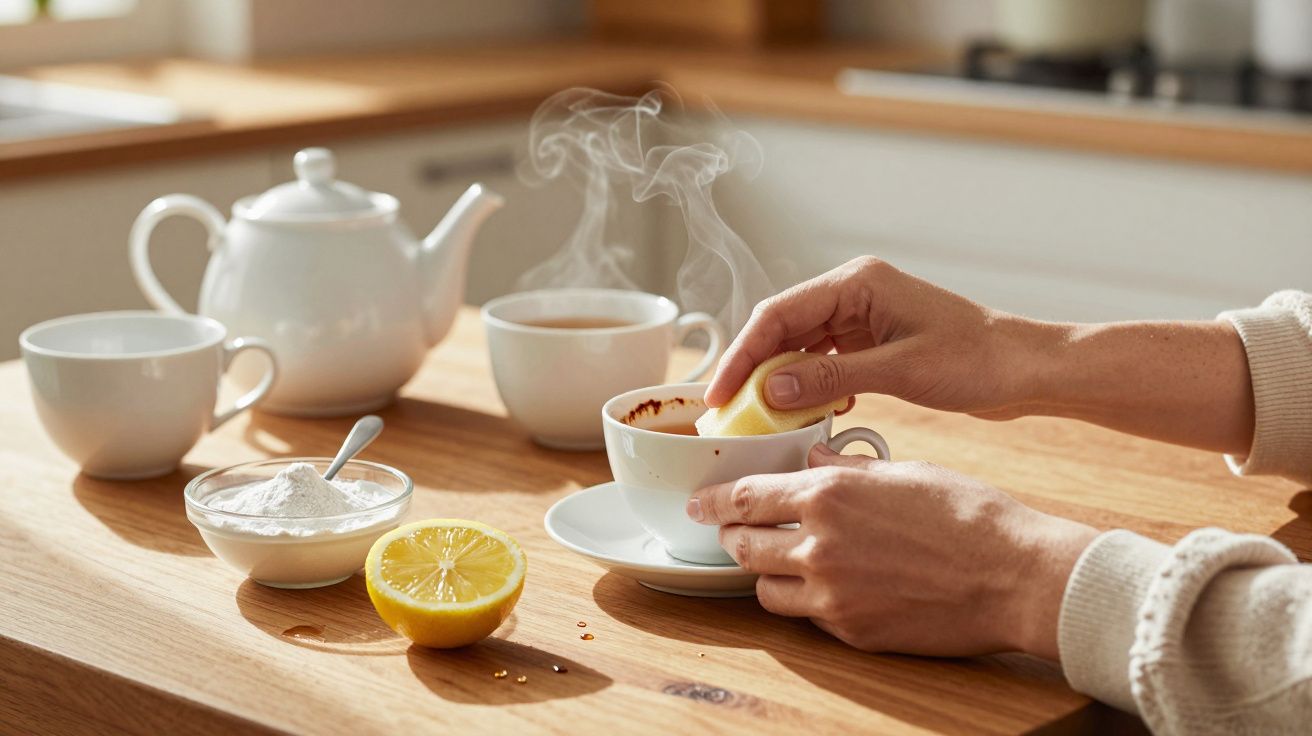 Mão segura chávena com chá a fumegar, enquanto adiciona limão; à volta, chávenas, açucareiro e bule.