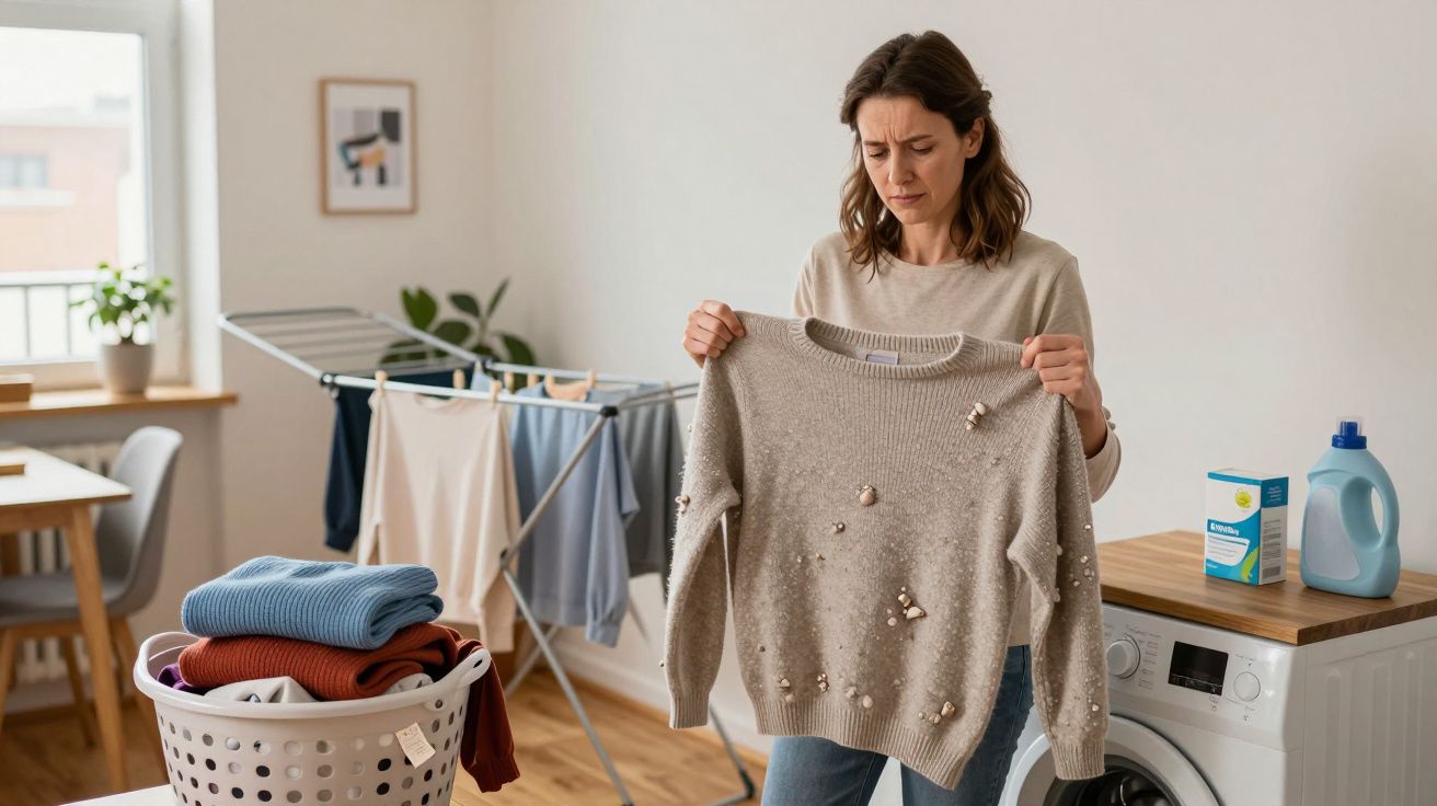 Mulher triste segura camisola danificada, com máquina de lavar e detergente ao lado. Estendal com roupa ao fundo.