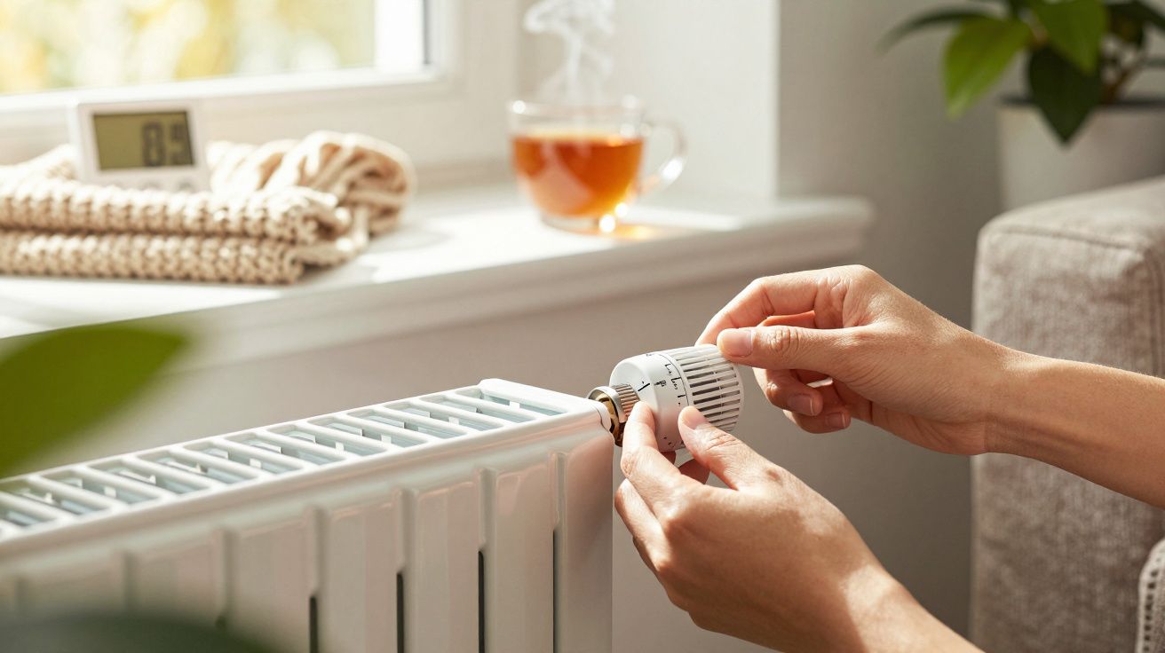 Mãos ajustam o termostato de um radiador branco, com chá e cobertor no parapeito da janela ao fundo.