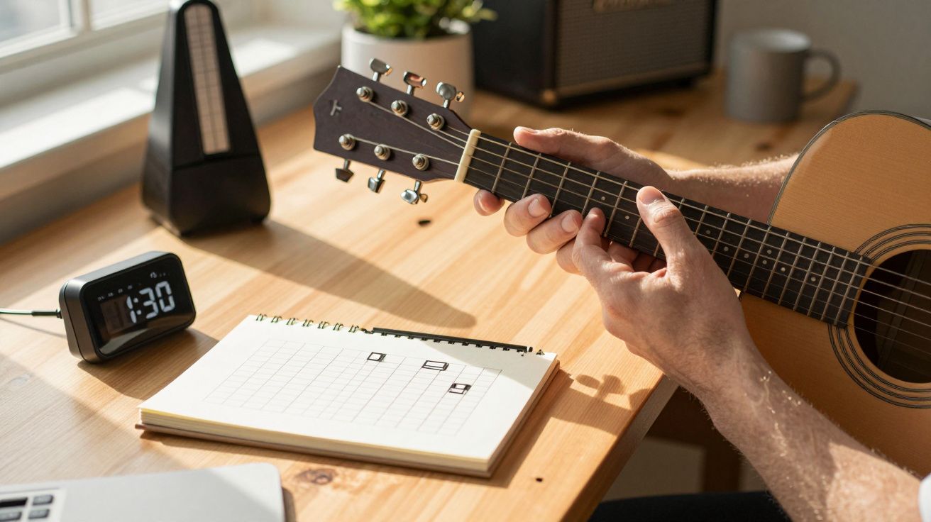 Pessoa toca guitarra ao lado de um caderno, relógio digital e metrónomo numa mesa de madeira iluminada pelo sol.
