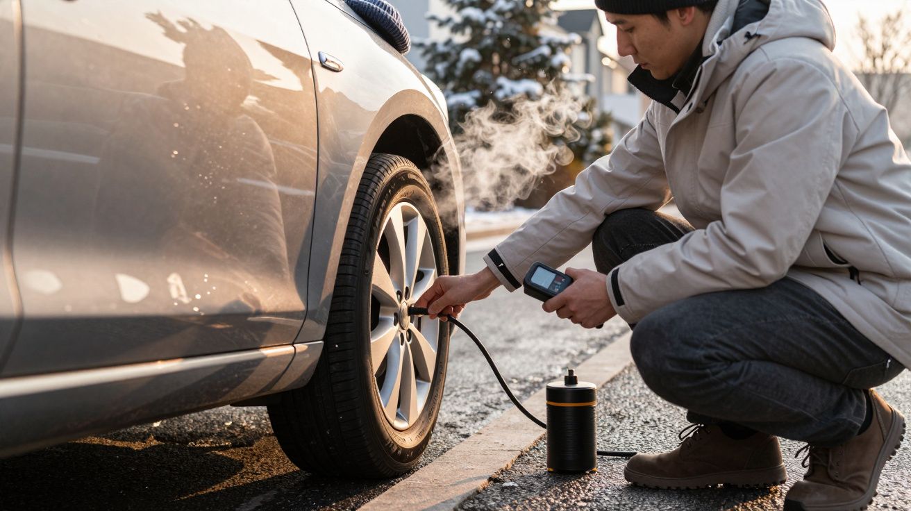 Homem verifica pressão do pneu de um carro estacionado na rua, usando um medidor digital.
