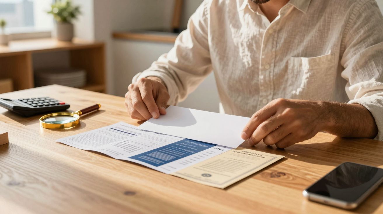 Pessoa em camisa branca manuseia documentos na mesa com lupa, calculadora e telemóvel.