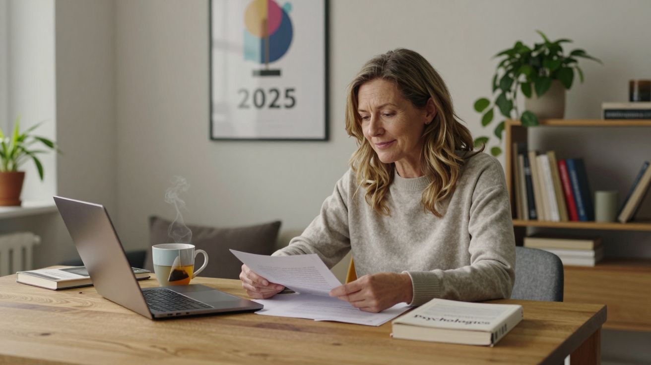 Mulher a trabalhar em casa, sentada numa mesa com portátil e papéis, ao lado de uma chávena e plantas.