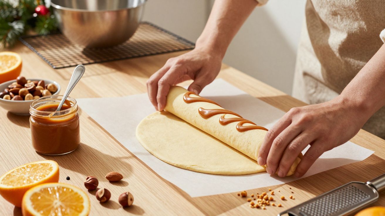 Pessoa a enrolar massa com doce de caramelo numa cozinha com laranjas e frutos secos.