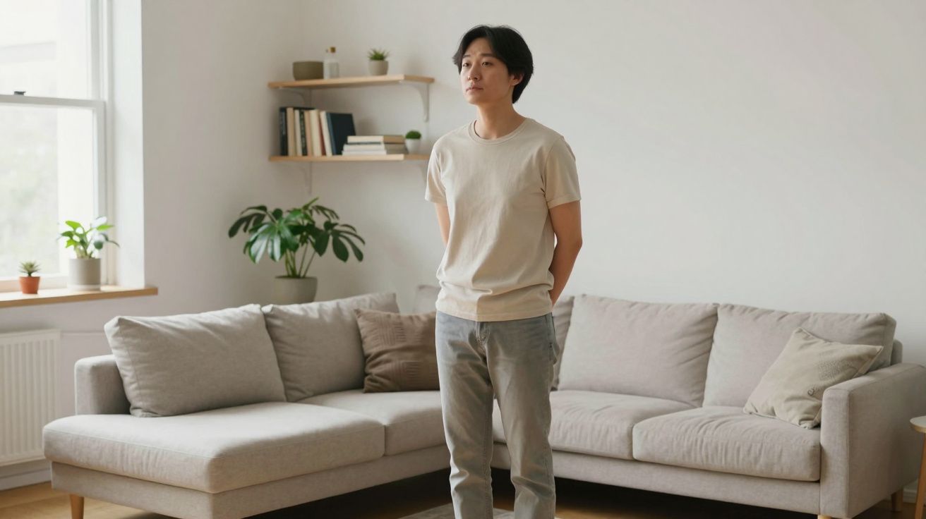 Homem de pé numa sala de estar minimalista, junto a um sofá cinzento e plantas.