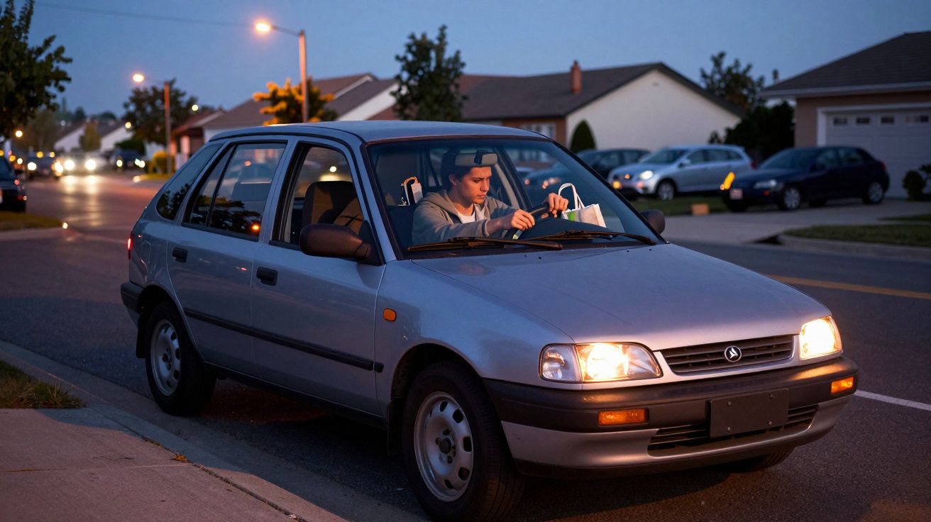 Homem sentado num carro cinzento estacionado à noite, olhando para um saco de papel no volante.