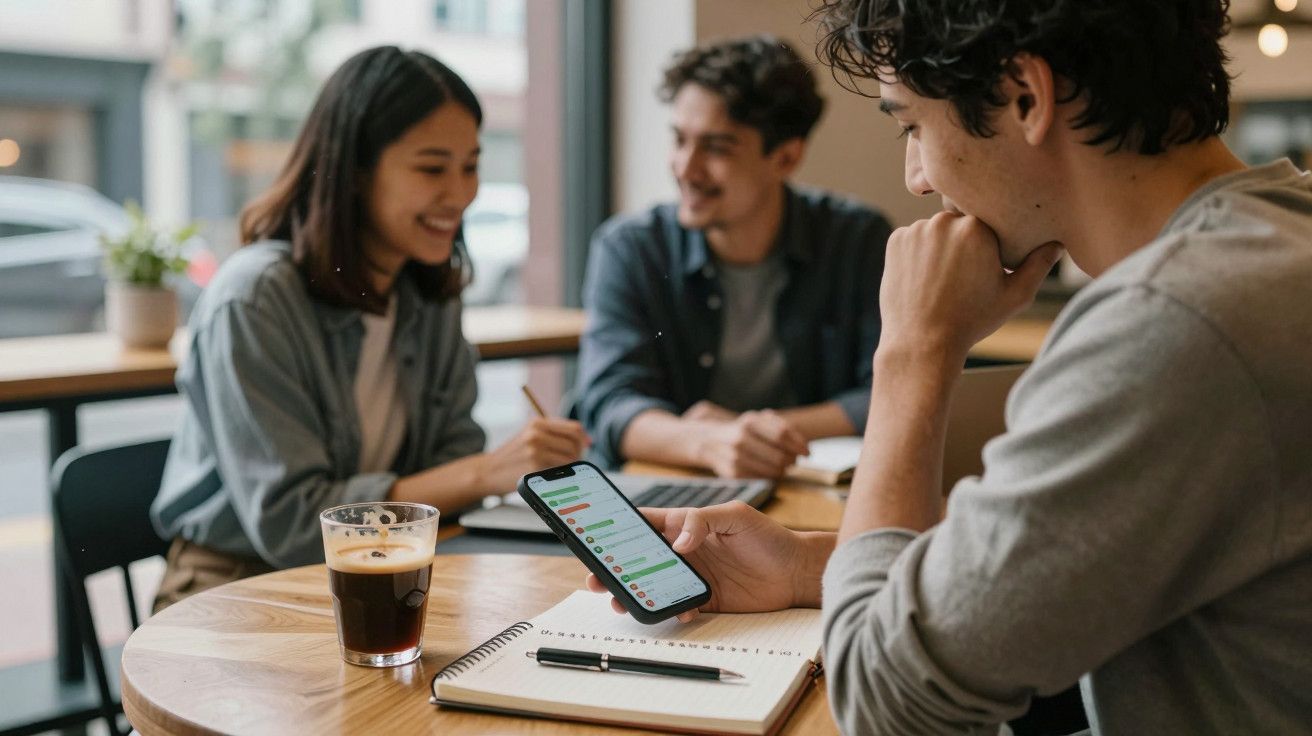 Pessoa usa telemóvel enquanto duas pessoas conversam numa mesa com café e cadernos, em ambiente de trabalho colaborativo.