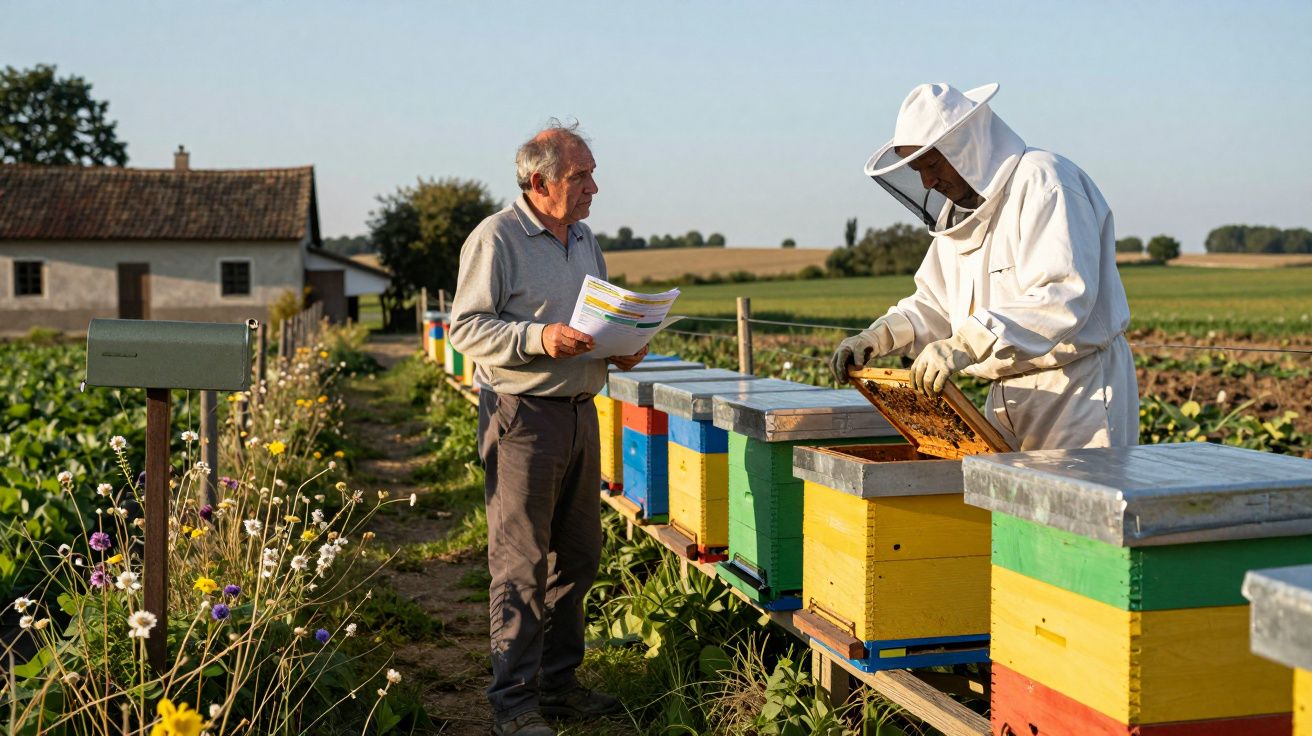 Apicultor examina colmeias coloridas enquanto conversa com homem em pé ao lado, num campo com flores e uma casa ao fundo.