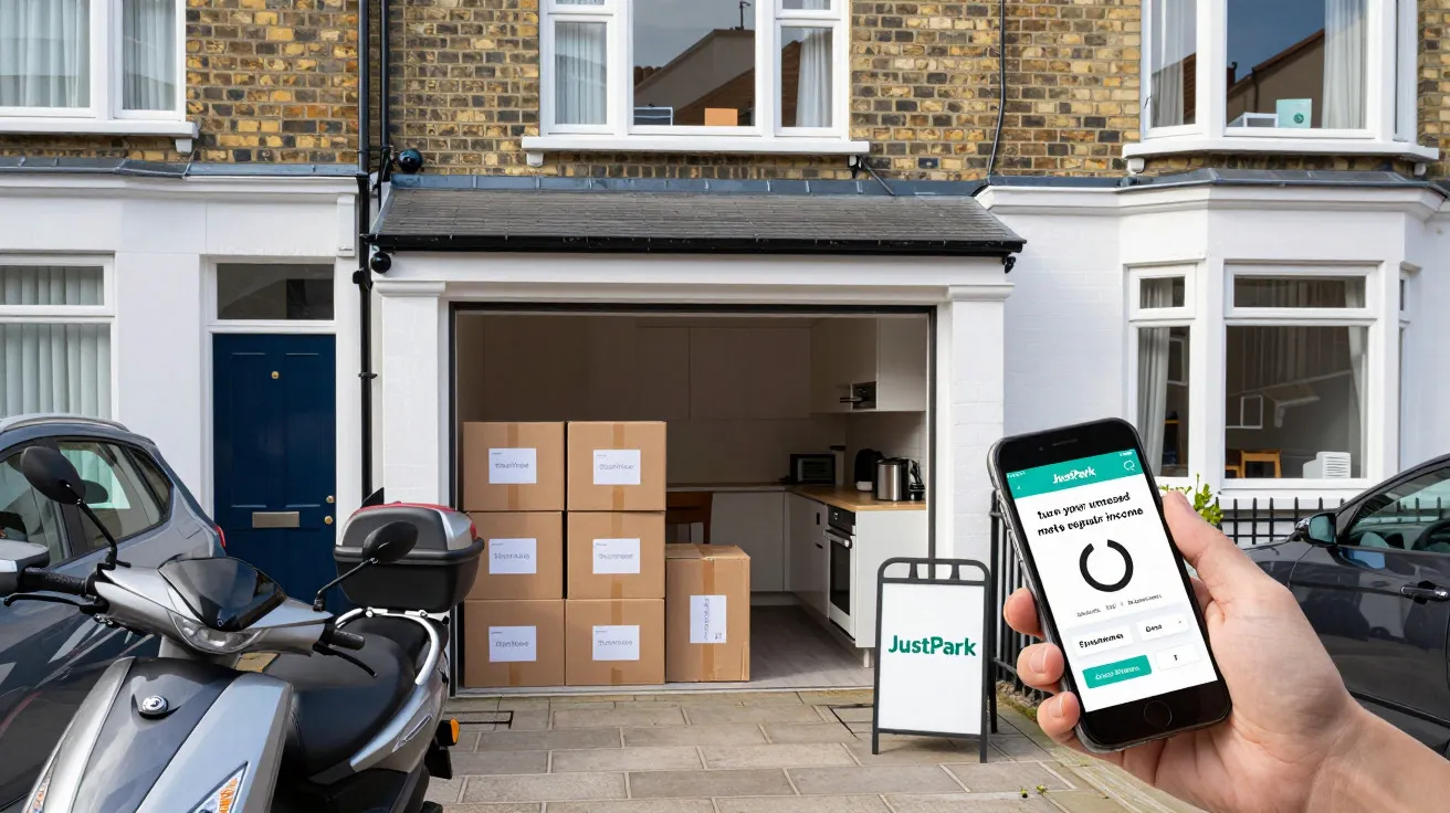 Garagem com caixas de cartão e placa JustPark. Mão segura telemóvel à frente com a aplicação JustPark aberta.