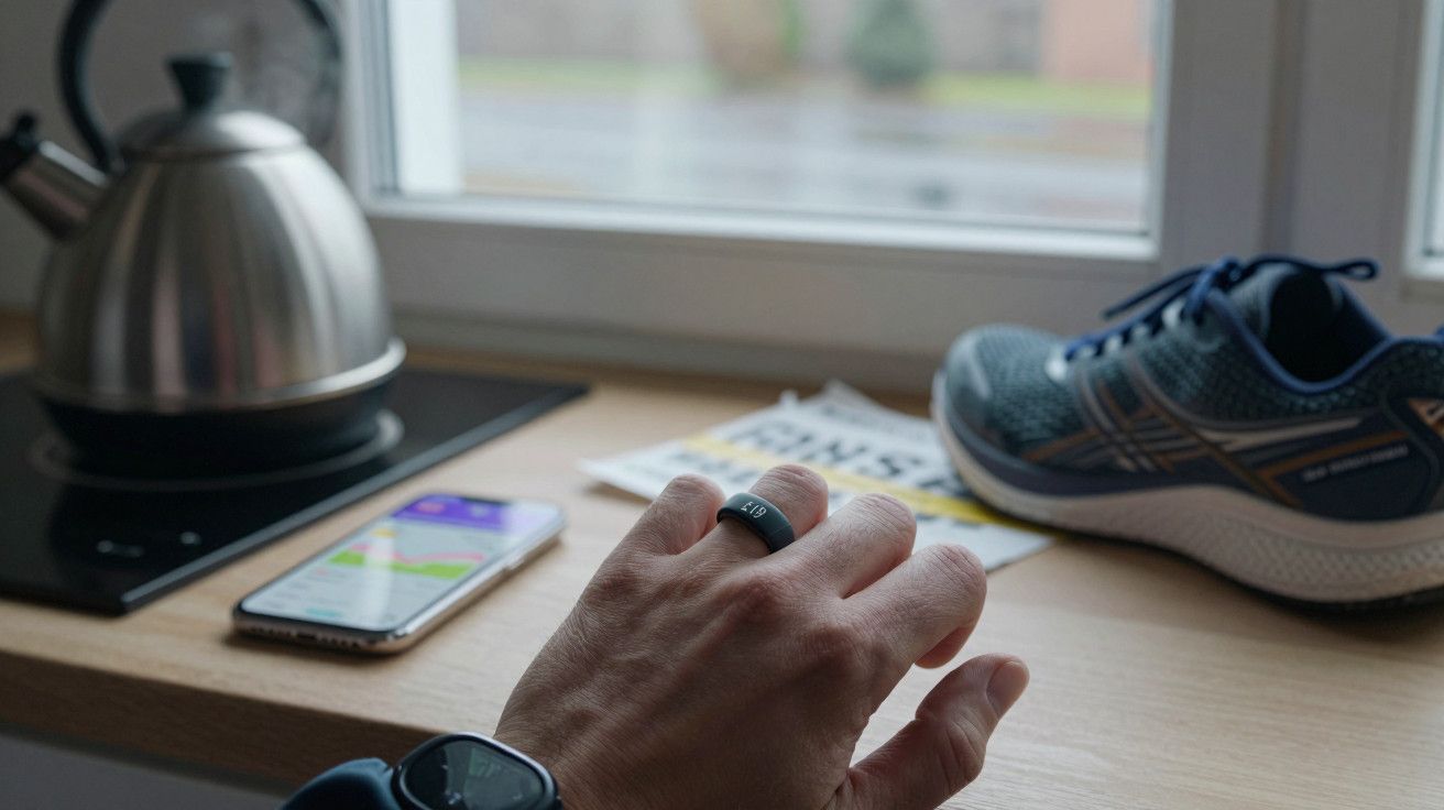 Mão com anel e relógio junto de telemóvel, sapatilha e chaleira sobre uma bancada de cozinha junto à janela.