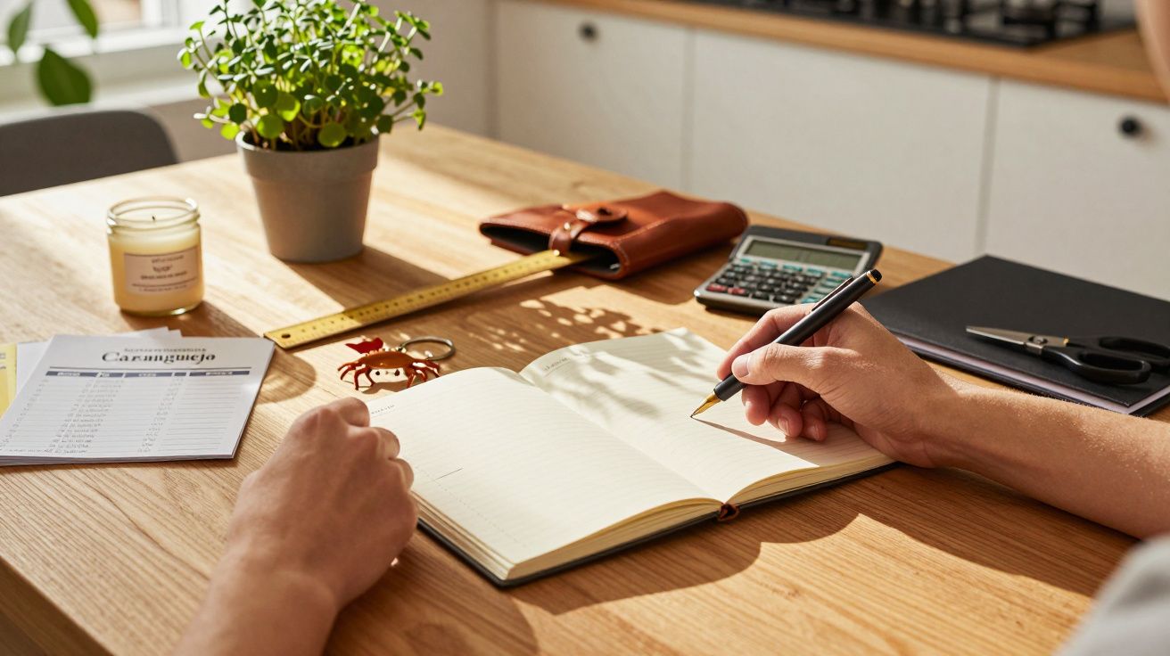 Pessoa a escrever num caderno em mesa de madeira com planta, agenda, calculadora e vela.