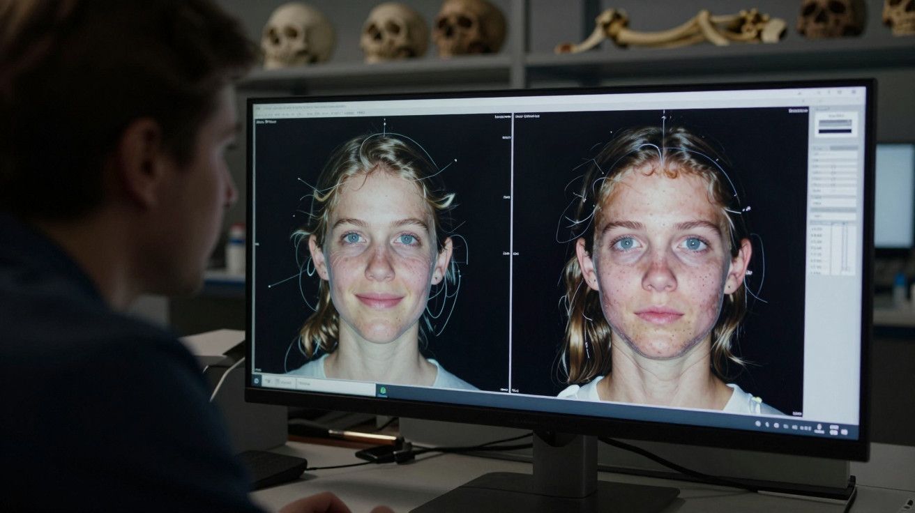 Homem observa imagens faciais de uma mulher em monitor de computador com várias medições de pontos faciais.