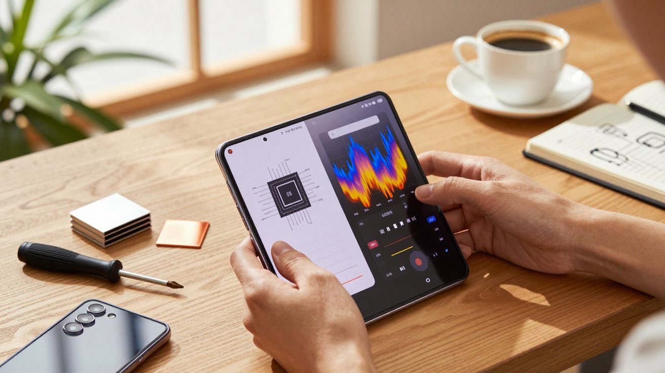 Pessoa a usar um tablet dobrável com gráficos na tela, numa mesa com café, bloco de notas e telemóvel.