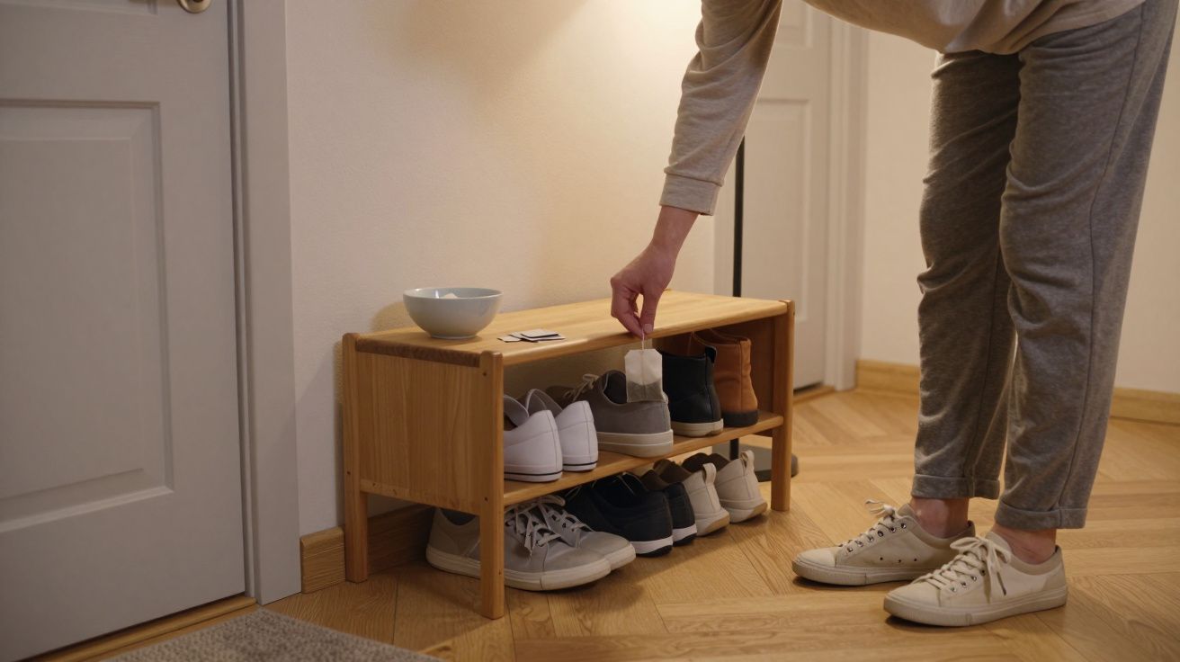 Pessoa arruma sapatos num banco de madeira junto à porta de entrada, com uma tigela e objetos pequenos em cima.