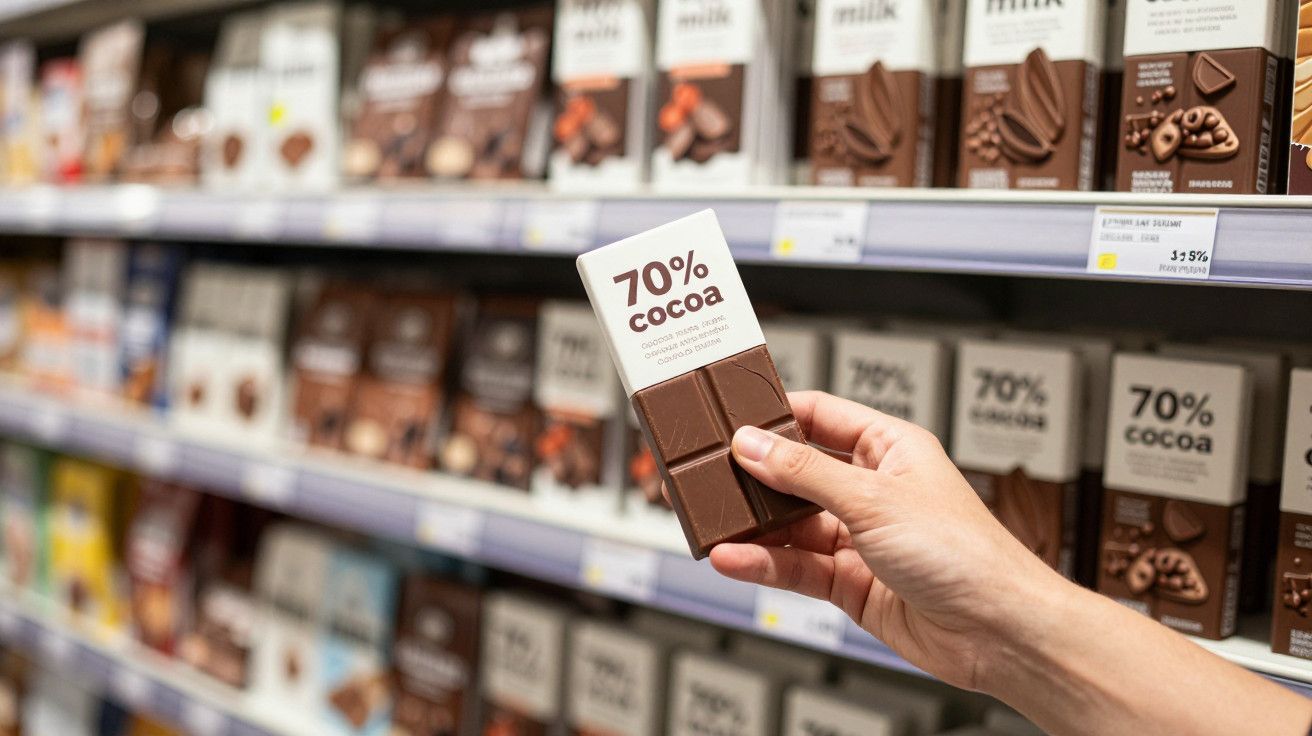 Pessoa segura uma barra de chocolate com 70% de cacau numa prateleira de supermercado.