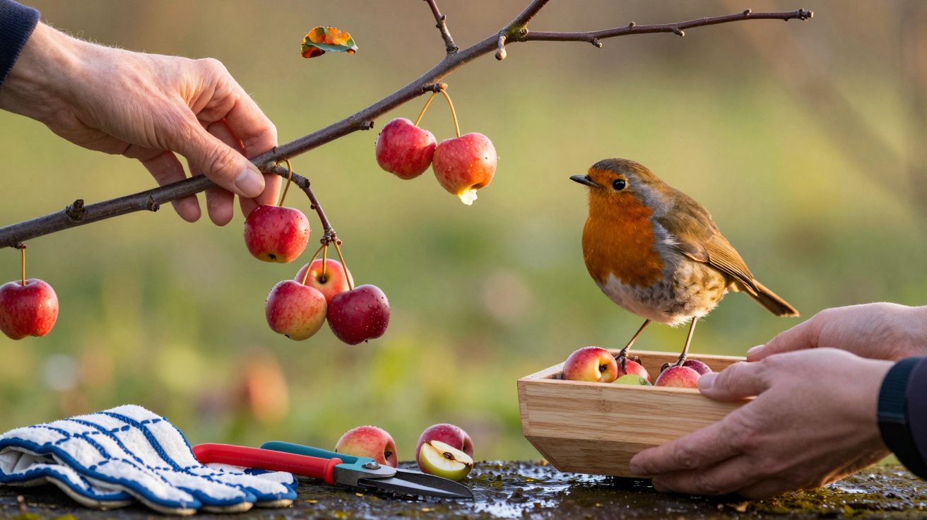 Pisco de peito ruivo pousado numa tigela com maçãs, junto a mãos colhendo frutas de um ramo com podadora sobre a mesa.