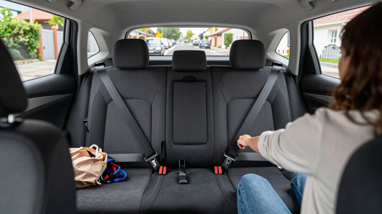 Mulher a ajustar o cinto de segurança no banco traseiro de um carro, com uma mochila ao lado.