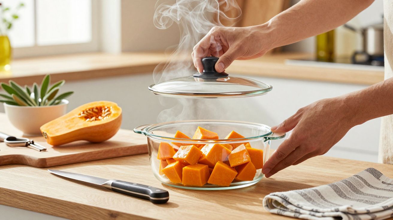 Mãos levantando a tampa de um recipiente de vidro com pedaços de abóbora cozidos, em cima de uma bancada de cozinha.