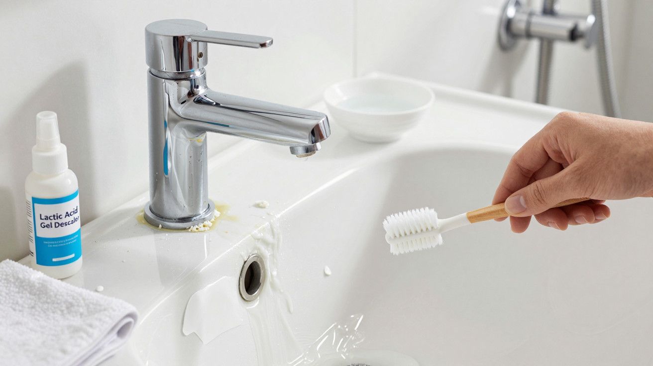 Mão a limpar uma torneira com uma escova de dentes junto a lavatório branco, gel desincrustante e pano ao lado.