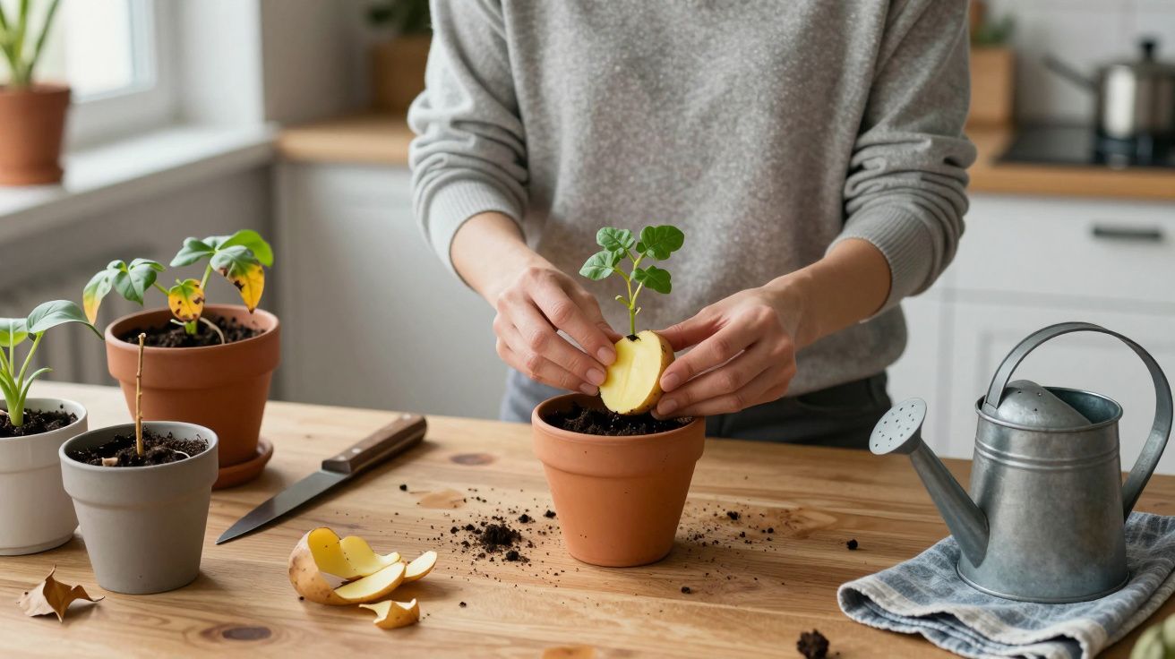 Pessoa a plantar num vaso em cozinha, rodeada de plantas pequenas e regador metálico.
