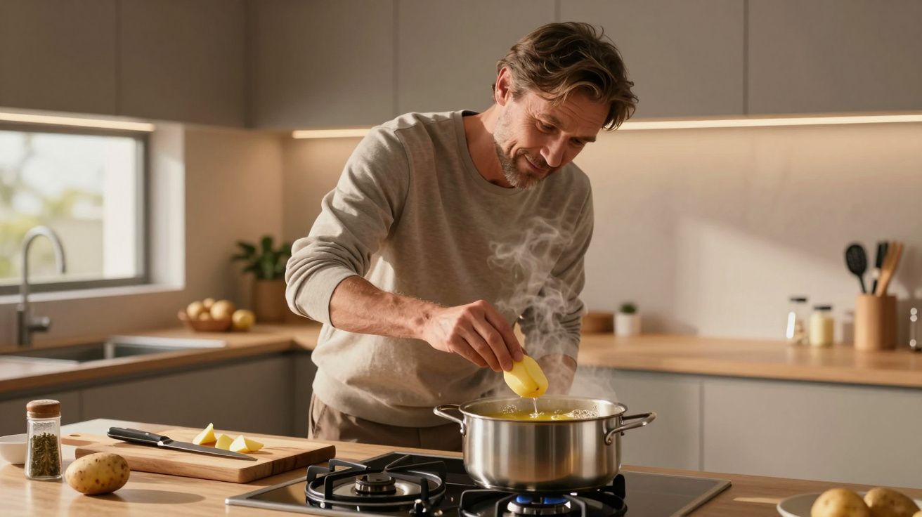 Homem a cozinhar, adicionando batatas a uma panela fumegante numa cozinha moderna.