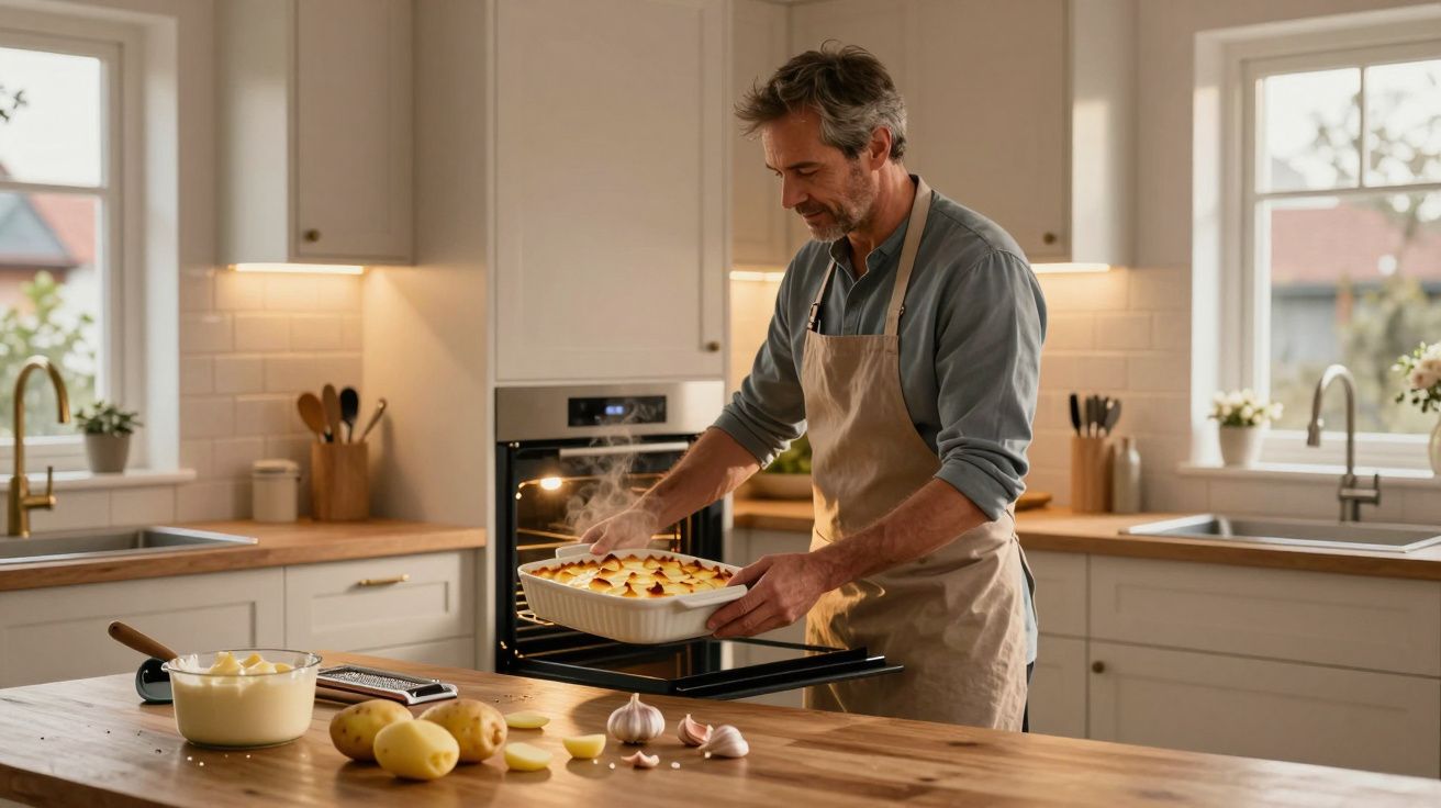 Homem de avental a retirar um prato de forno numa cozinha moderna, com batatas e alho no balcão.