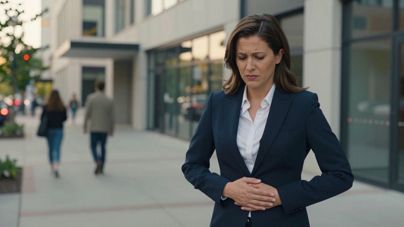 Mulher de fato azul sente dor abdominal enquanto caminha numa rua da cidade.