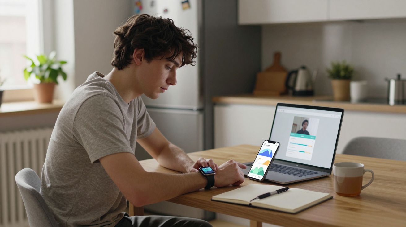 Jovem sentado à mesa, usando relógio inteligente e laptop, com um caderno e caneta ao lado, em ambiente doméstico.